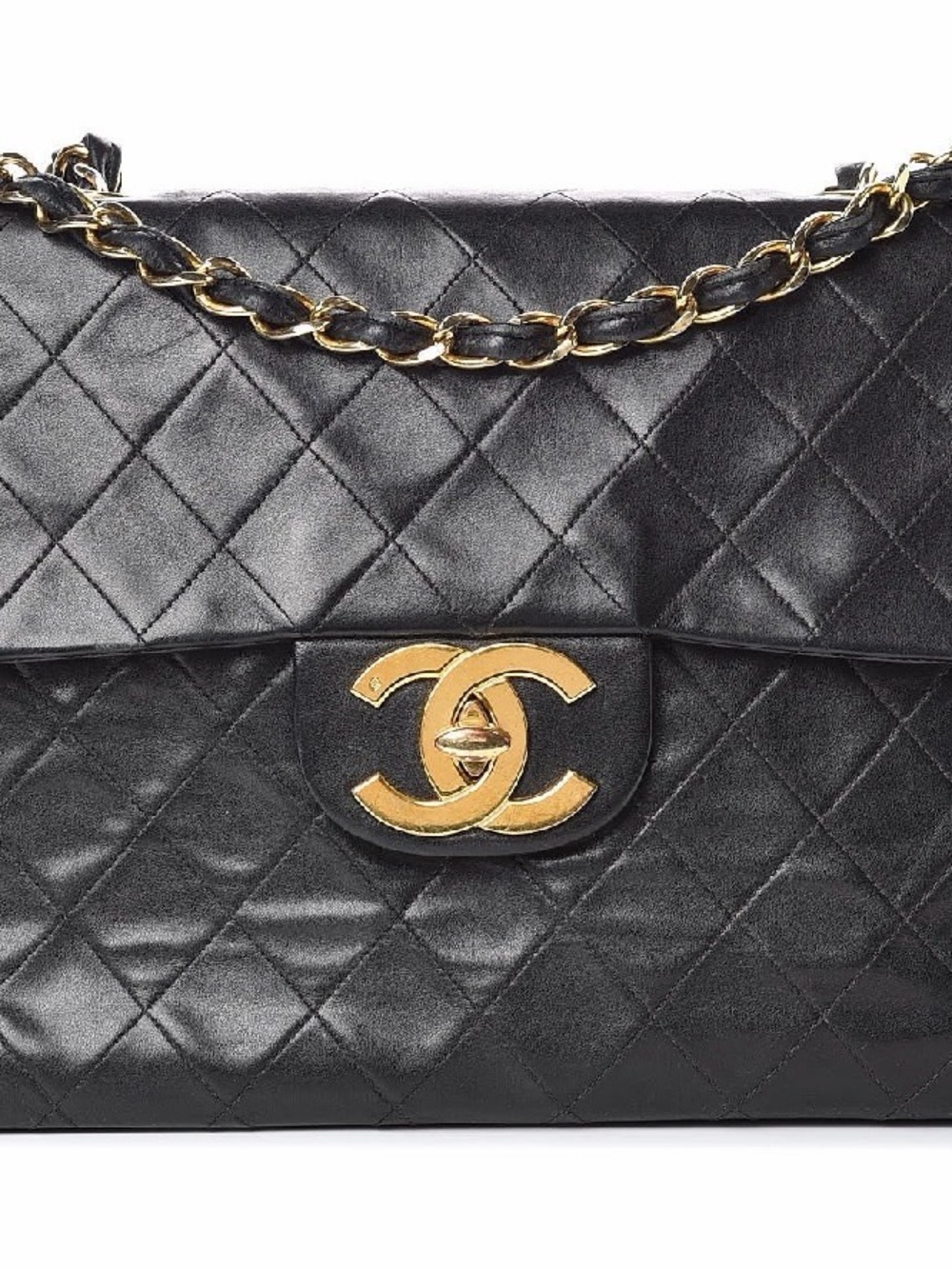 Authentic Chanel Vintage Jumbo XL Single Flap Black Lambskin 24k Era Card & Box